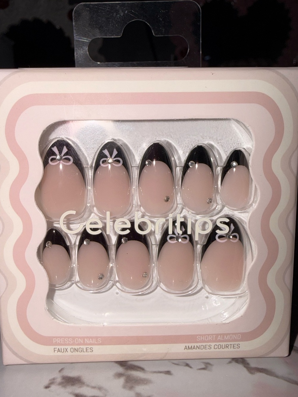 Celebritips Black Tips Pink Bow Press-On Nails- Short Almond